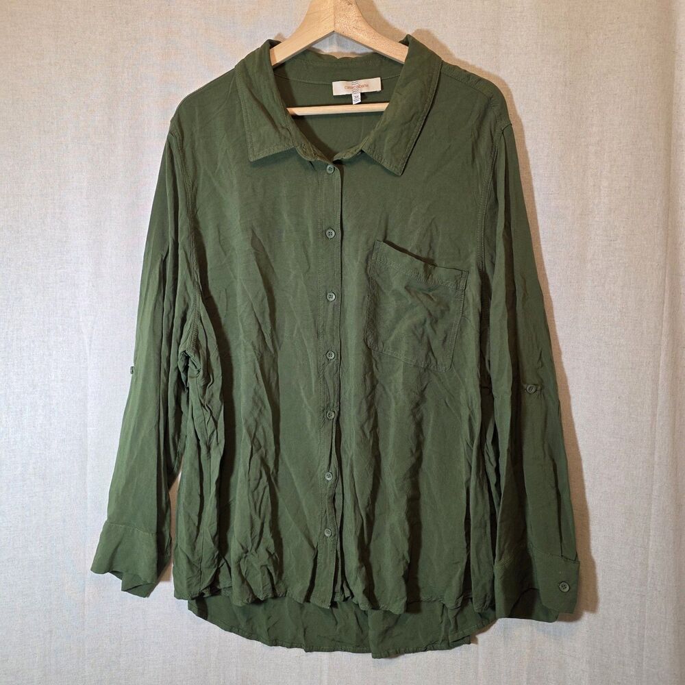 CASA CABANA Women's 3X Olive Green Long Roll Tab Sleeve Button Up Blouse Top
